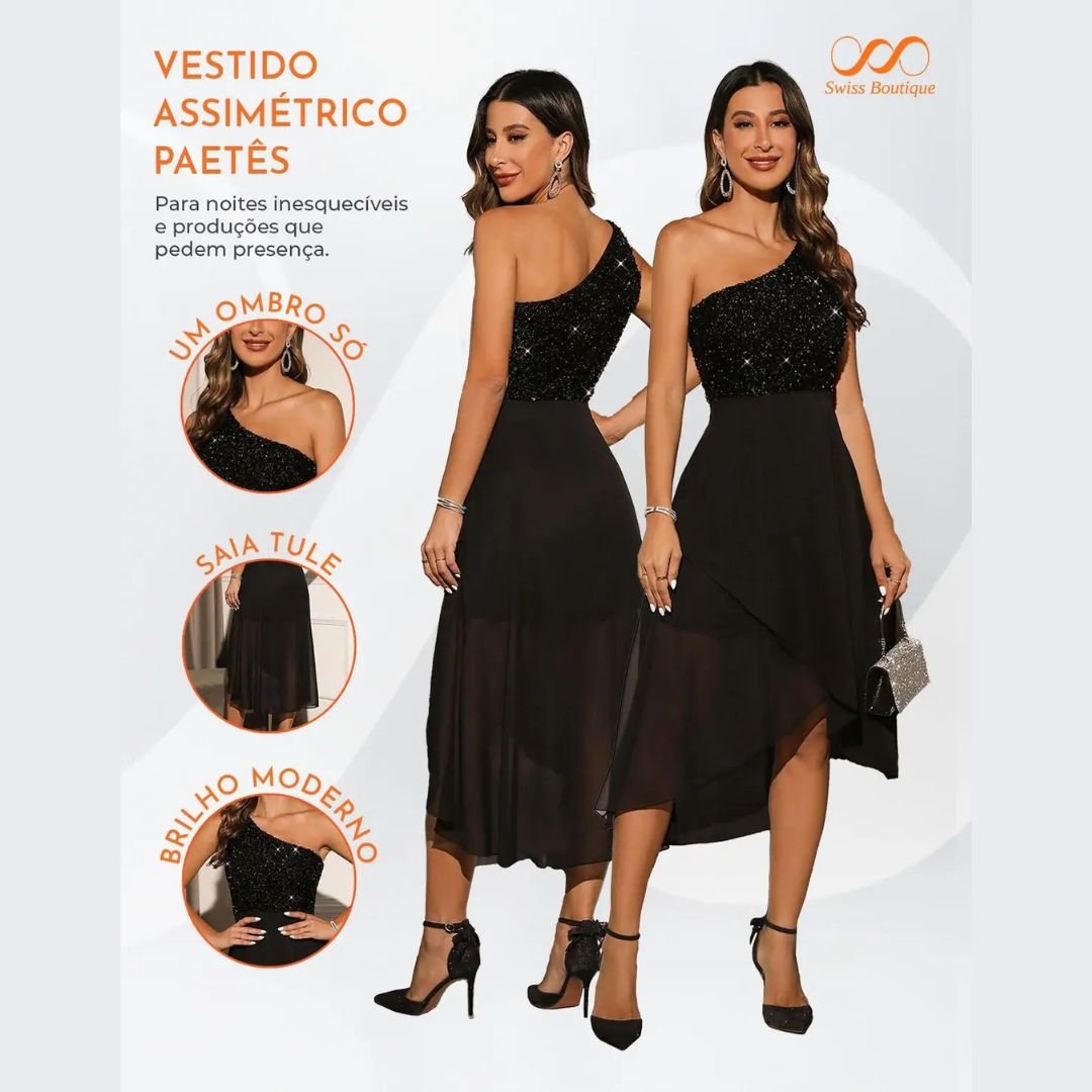 Vestido Feminino Longo Um Ombro Só Tule Brilho Paetê Mula Manca Festa Ano Novo - Imagem 6
